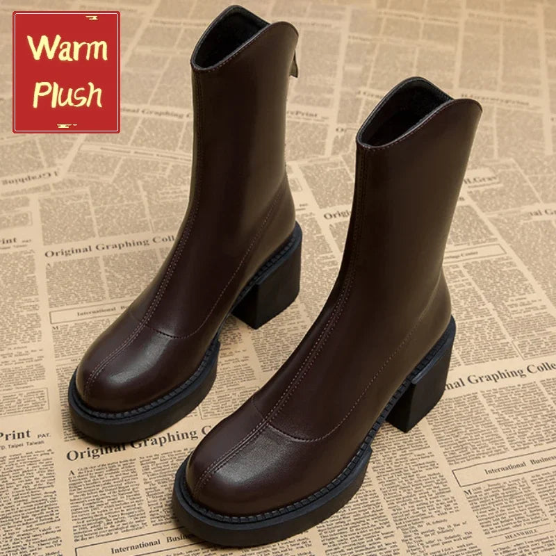 High Heel Women Ankle Boots Fashion High Quality Platform Shoes for Women British Style Brown Boot Comfor Women Waterproof Boots