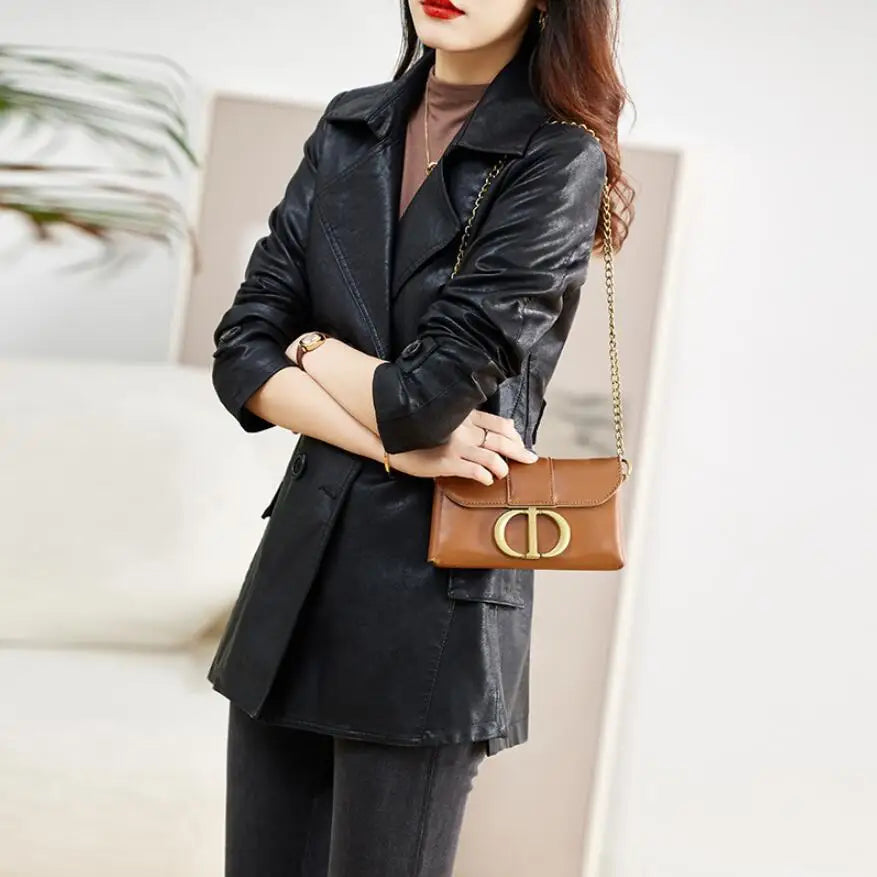 Turn-down Collar Genuine Leather Jacket Women Korean Fashion Slim Sheepskin Coat Black Real Leather jackets ladies Casual Blazer