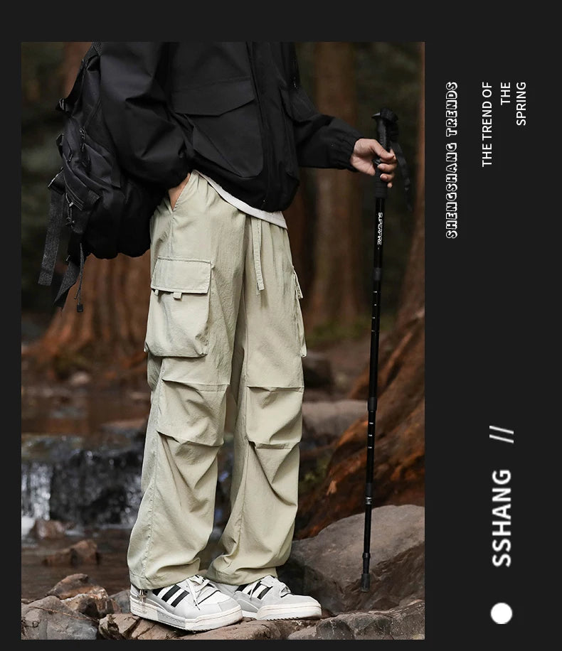 Pants men's four seasons tide loose work pants hundred straight sports paratrooper pants drawstring punch casual pants