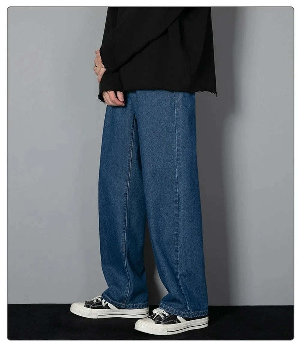 Korean Solid Colors Men's Casual Long Jeans Classic Man Four Seasons Straight Denim Wide-leg Pants Light Blue Grey Black 3XL