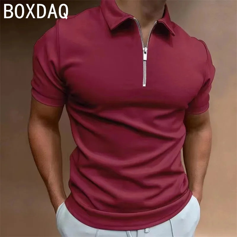 Men's Solid Color Polo shirt Fashion Casual Short Sleeve Lapel Zip Collar Sport Polos Men's Summer High Quality Harajuku Tops
