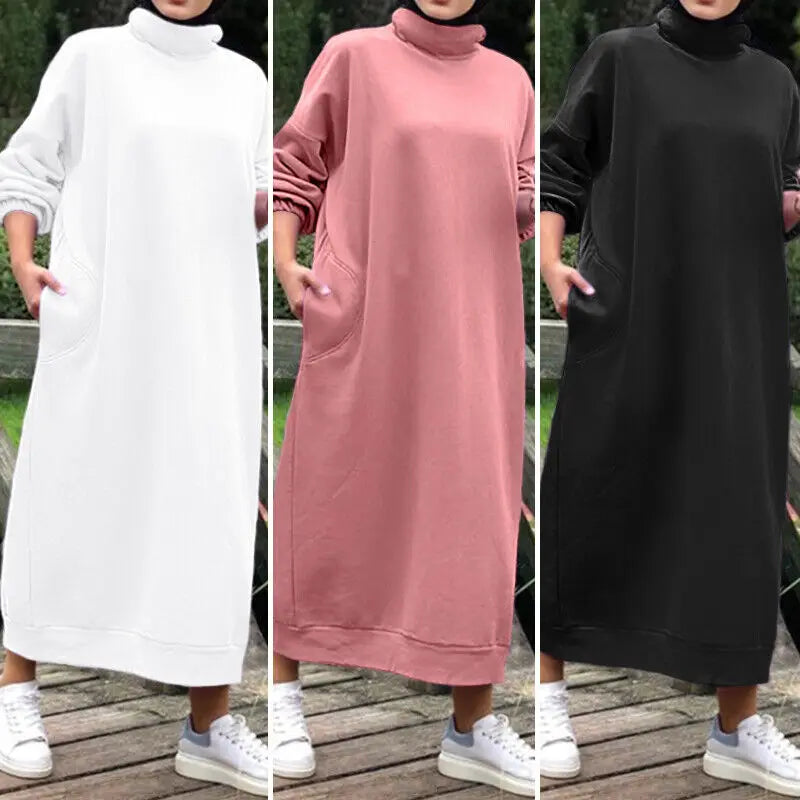 Women Hoodies Dresses Autumn Winter Casual Hooded Plush Tutleneck Pocket Sweaters Dress Long Sleeved Casual Loose Vestidos 2023