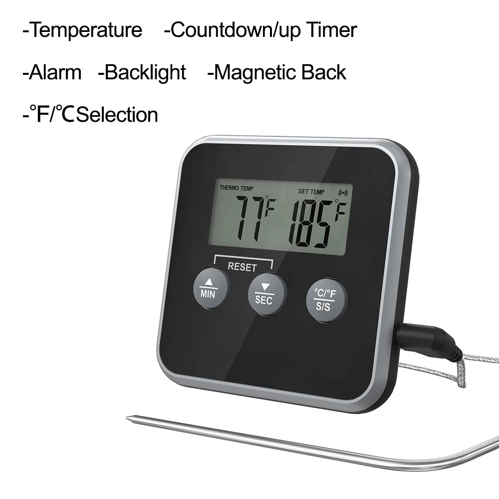 LED Digital Thermometer with Waterproof Probe BBQ Oven Temperature Inspection Instrument Timer High Temperature Alarm