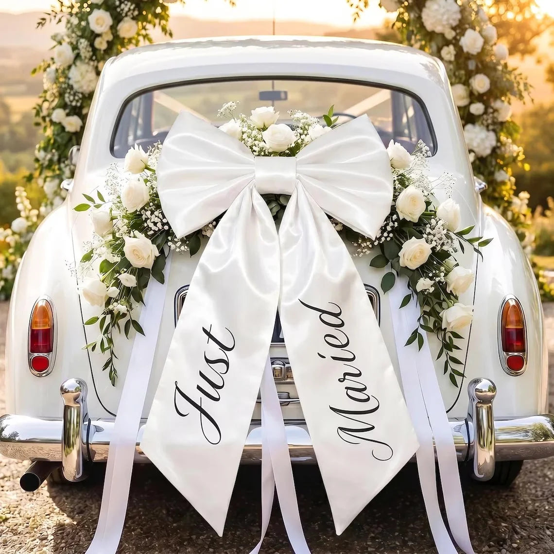 Just Married Car Bow With Ribbon Elegant Wedding Car Decor Lovely Accessory For Wedding Day Bridal Shower Newlywed Vehicle Decor