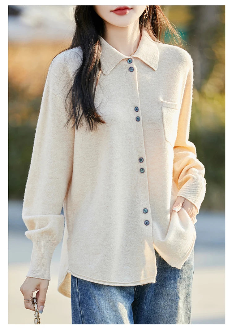 POLO Collar Wool Sweater 100 Pure Wool Spring And Autumn New Knitted Women Loose And Slimming Cardigan ZA682