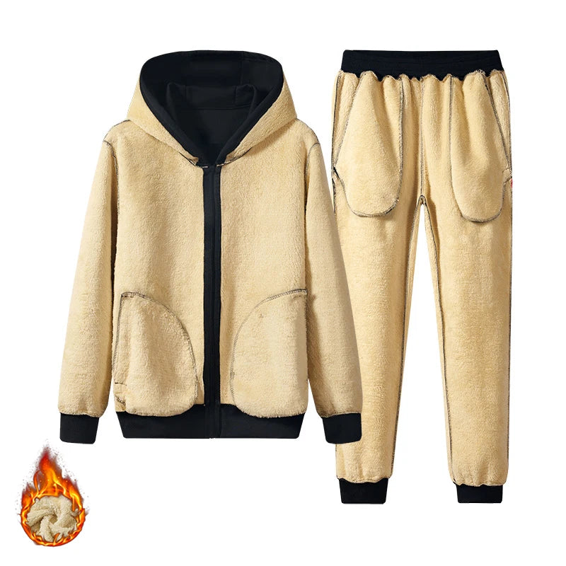 Men Clothing Thick and Warm Cashmere Suits Warm Hoodie Wool Sportswear Hooded Men's Sportswear Winter 2-piece Set Hoodie + Pants