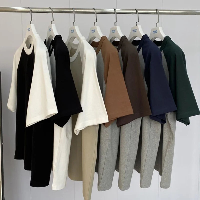 Mens 100% Heavy Cotton T-Shirt 300gsm Oversized Casual Stitching Color Tee Round Neck Loose Fit Knitted Tops Fashion Streetwear