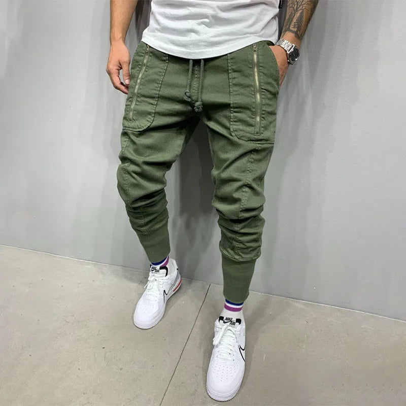 Casual Workwear Pants Men's Zipper Pencil Joggers Sweatpants Street Style Elastic Waist Summer Polyester Fiber
