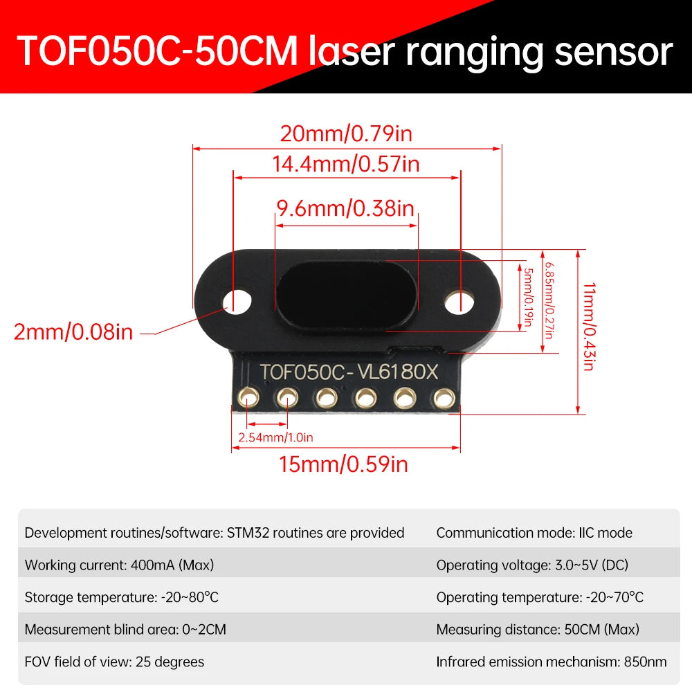 Laser Ranging Sensor Module for Arduino STM32 Measure Flight Distance 50CM 400CM I2C Output TOF050C TOF0400C