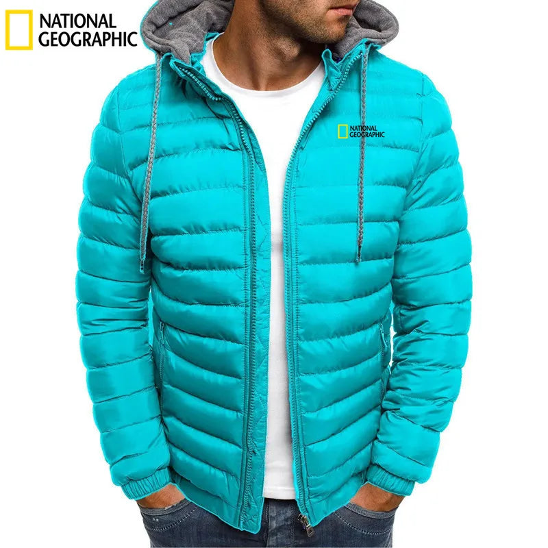 2025 New National Geographic Men's Cotton Padded Coat for Autumn and Winter, Embroidered Warm Hooded Zipper Hooded Coat for Men