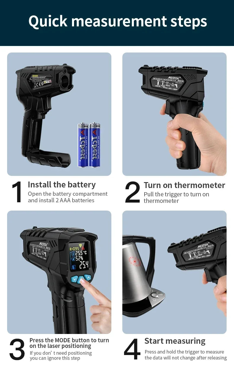 Mestek IR02C Infrared Thermometer C/F Non Contact Pyrometer Temperature Meter Digital Laser Thermometer with temperature probe