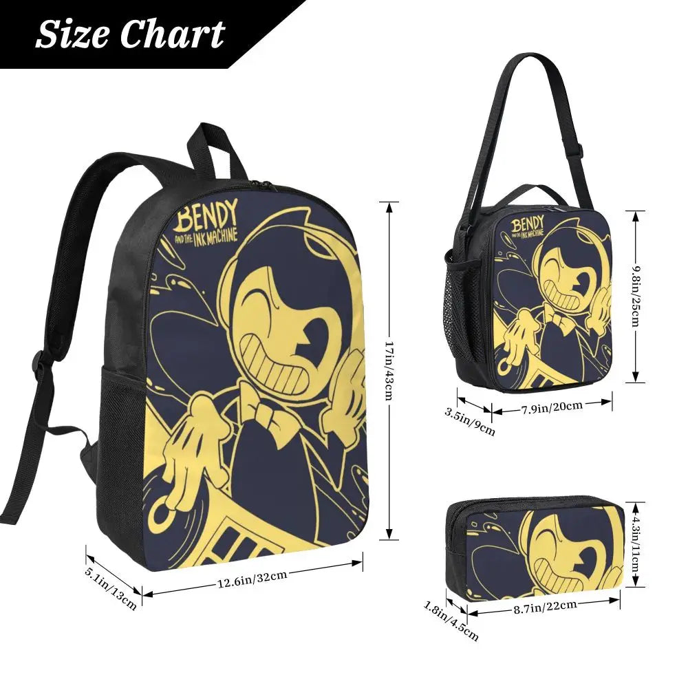 3Pcs Bendys And The Dark School bags Set for Boy Girl Pen Bags Backpack Sets with Lunch Box For School Students Knapsack