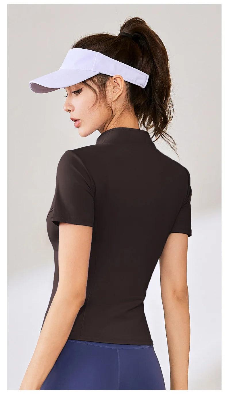 Summer High Quality Waist Slimming Training Tops Women's Quick-drying Tight Stand Collar Full Zipper Short Sleeves Yoga shirts