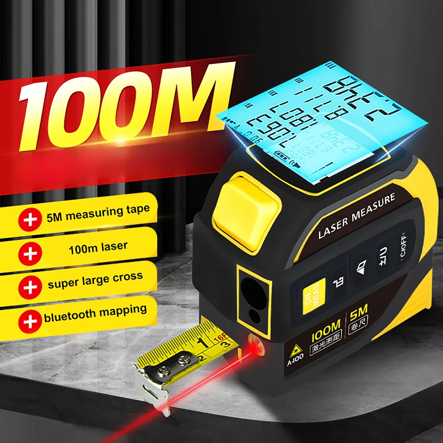 5m Measuring Tape 40-100m Distance Laser Rangefinder Infrared Electronic Ruler Cross Line USB Rechargeable bluetooth Drawing
