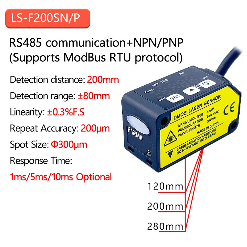 The laser displacement sensor features high-precision distance measurement and thickness detection, with rs485 switch analog out