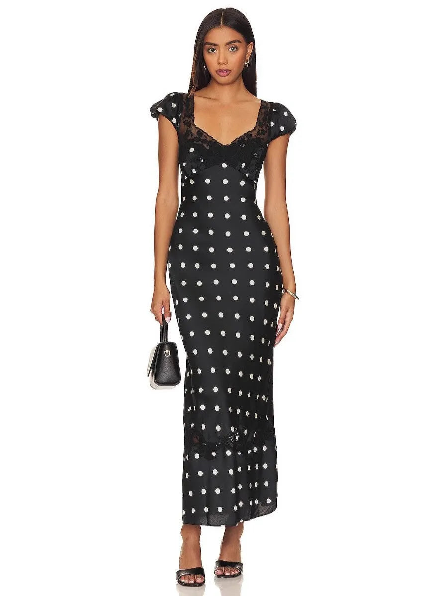 Luxurious Silk Satin Long Dress Elegant Puff Sleeve Polka Dot Floral Gown Sexy Open Back Midi Dresses for Evening Cocktail