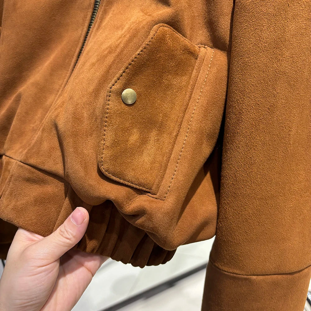 YOLOAgain Suede Leather Jacket Coat Women Real Leather Cropped Jacket Bomber Jacket 2025 Autumn