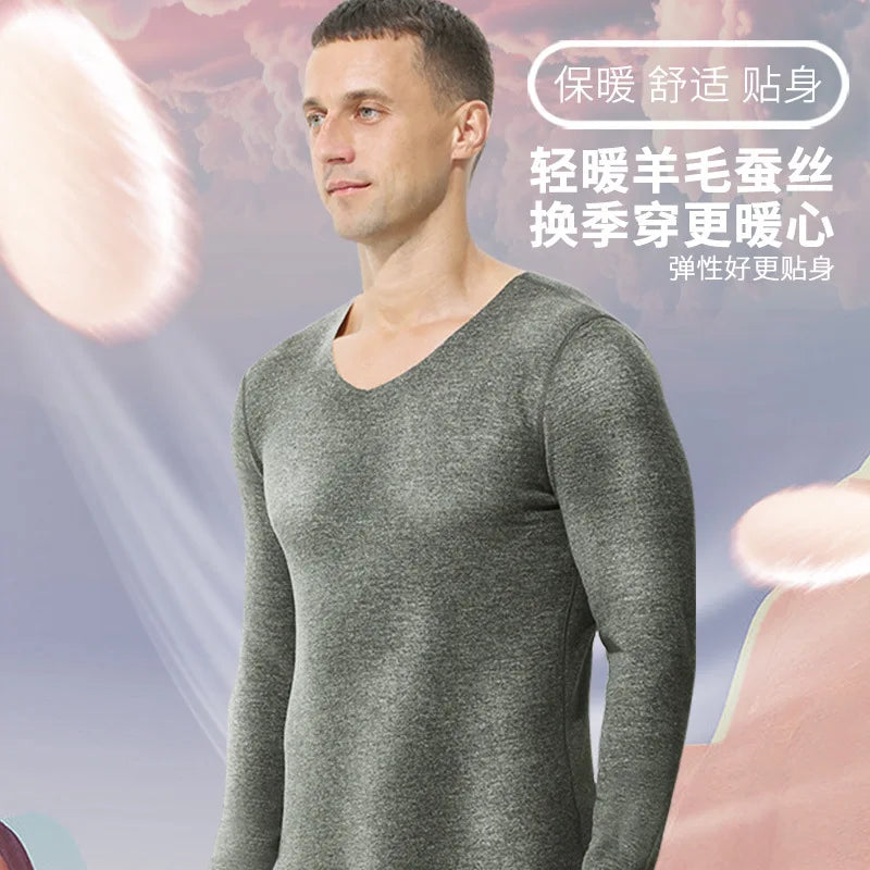 Thermal Underwear Tops Men's Winter Fleece Thickened Undershirt V-Neck Long Sleeve Bottom Shirt Long John Thermo Undercoat