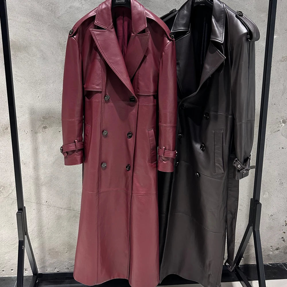 Suede Burgundy Long Coat Double Breasted Windbreak Length 150cm Women's Real Suede Coat