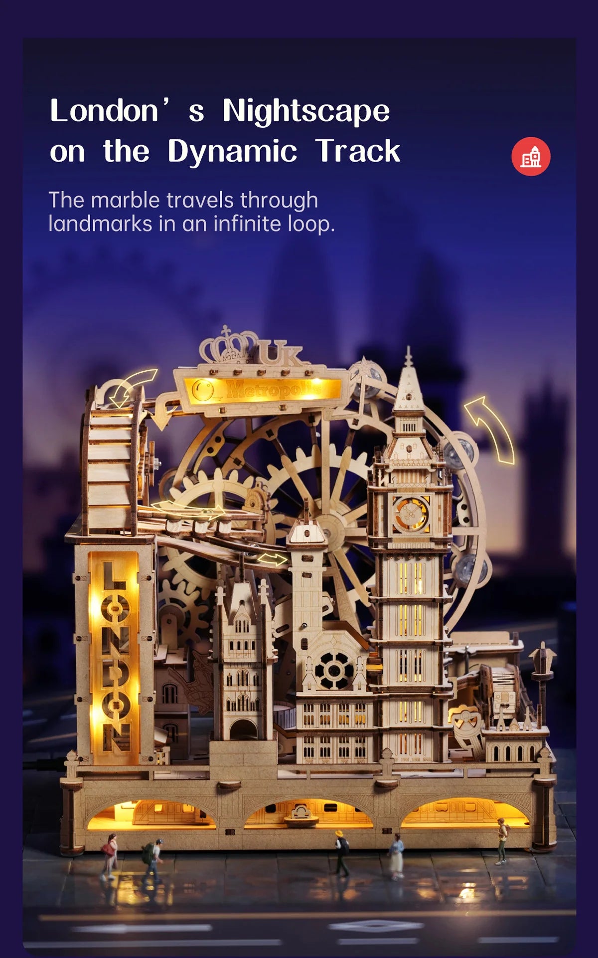 3D Wooden Puzzle Marble Run Building Kit London City Model with Lights Mechanical DIY Landmark Puzzle for Adults Teens