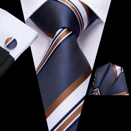 Grey White Striped 2023 New Elegant Men Tie Hanky Cufflink Silk Necktie For Men Wedding Party Business Fashion Brand Hi-Tie