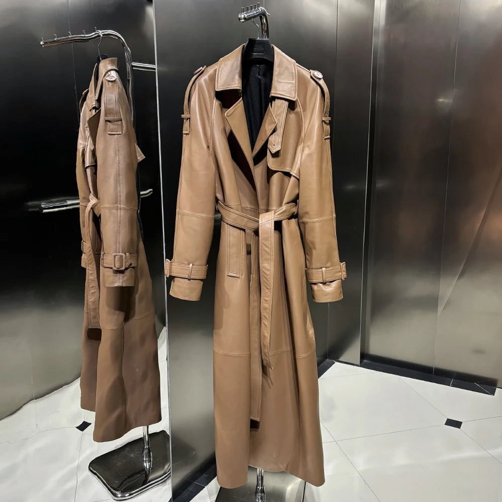 Trench Coat for Ladies Real Sheepskin Coat Genuine Sheep Leather Long Windbreak Autumn Outwear 2024