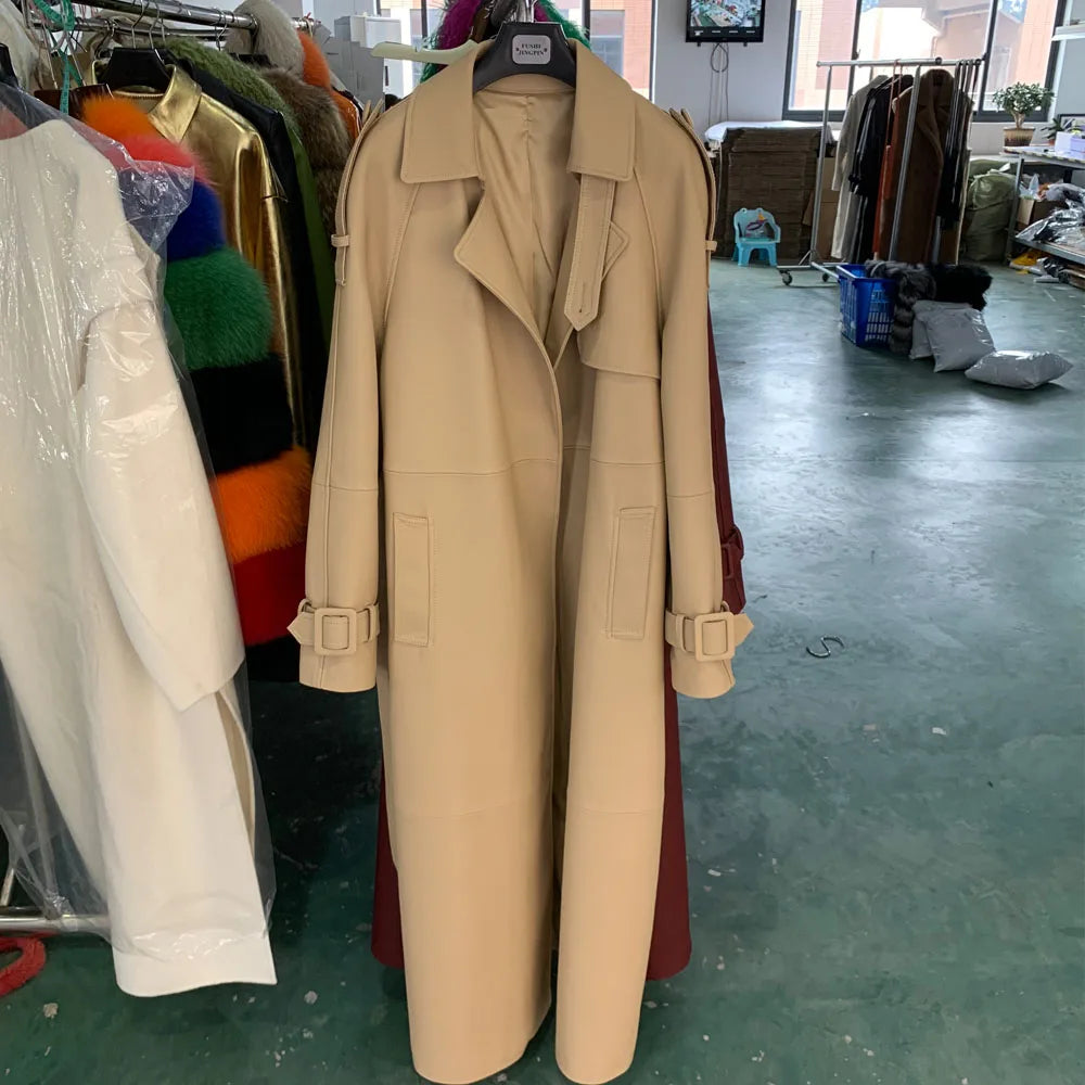 Gold Leather Coat Long Ladies Real Sheepskin Coat Genuine Sheep Leather Windbreak Long 21018