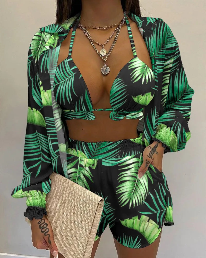 2024 New Bathing Suit Shorts Cover Up Summer Three Pieces Swimwear Sexy Beachwear High Waist Bikini Set Print Women's Swimsuit