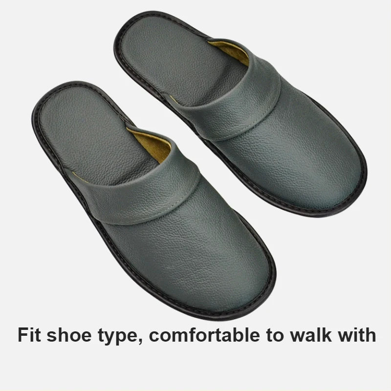 Genuine Cow Leather Slippers Homes in indoor slipper Spring Autumn summer men women elderly non-slip casual single Slides shoes