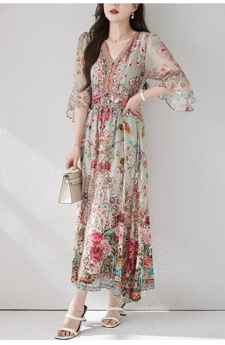 Green Silk Dress for Women in the Summer of 2026 Luxurious High-end Exquisite and Elegant Temperament Mulberry Silk Vacation WLF