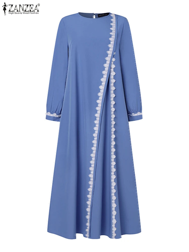 Autumn Lace Crochet Maxi Dress ZANZEA Muslim Turkey Abaya Elegant Loose Vestidos Women Long Sleeve O Neck IsIamic Robe Kaftan