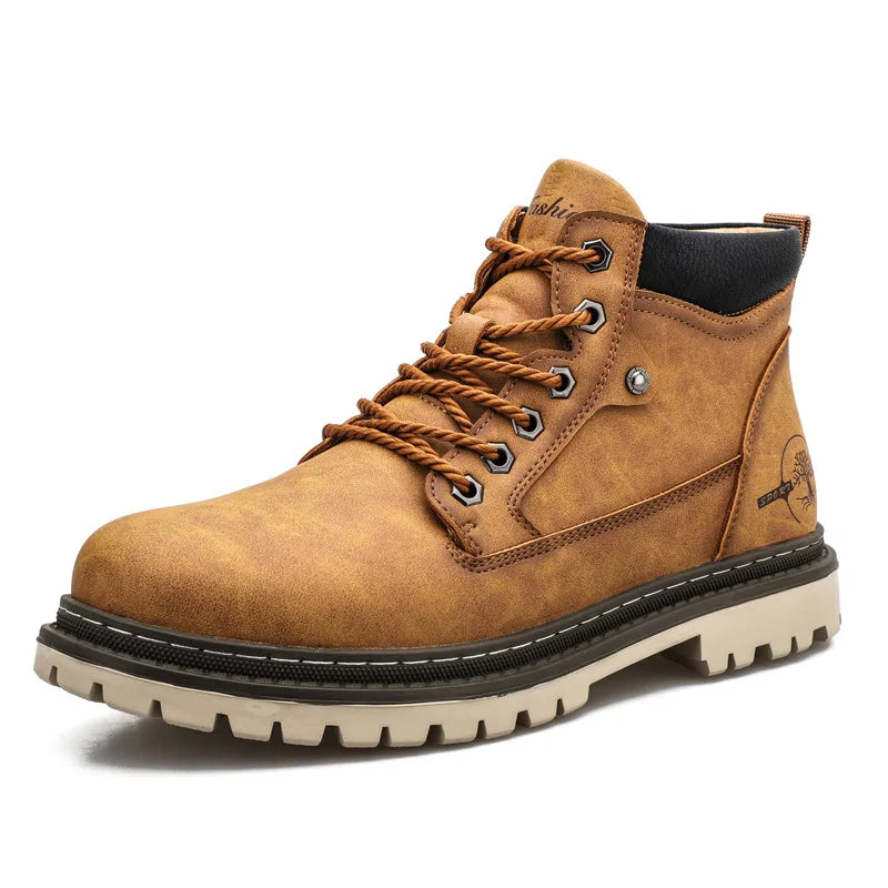 Men's High-Top British Style Motorcycle Boots Durable Cowboy Ankle Shoes Rugged Casual Non-Slip Leather Outdoor Work Footwear