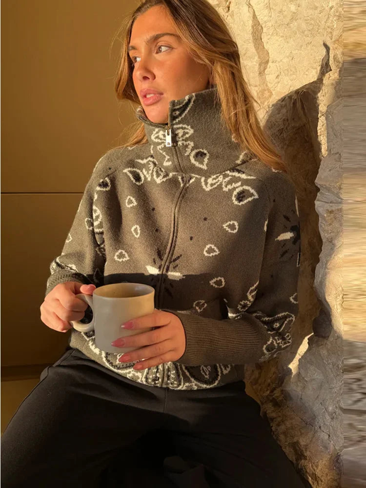 Jacquard Knitted Women's Cardigan Sweater Fashion Zipper Loose Pocket Casual Lady Sweaters 2026 Spring Street Long Sleeve Top