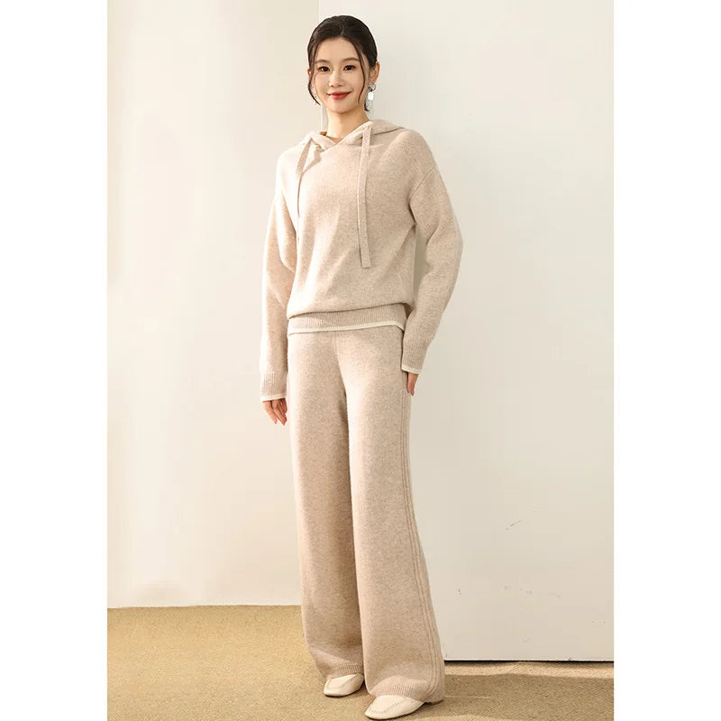 Autumn And Winter New 100 Pure Wool Suit Women Hooded Sweater Wide-Leg Pants Casual Knitting Two-Piece Suit