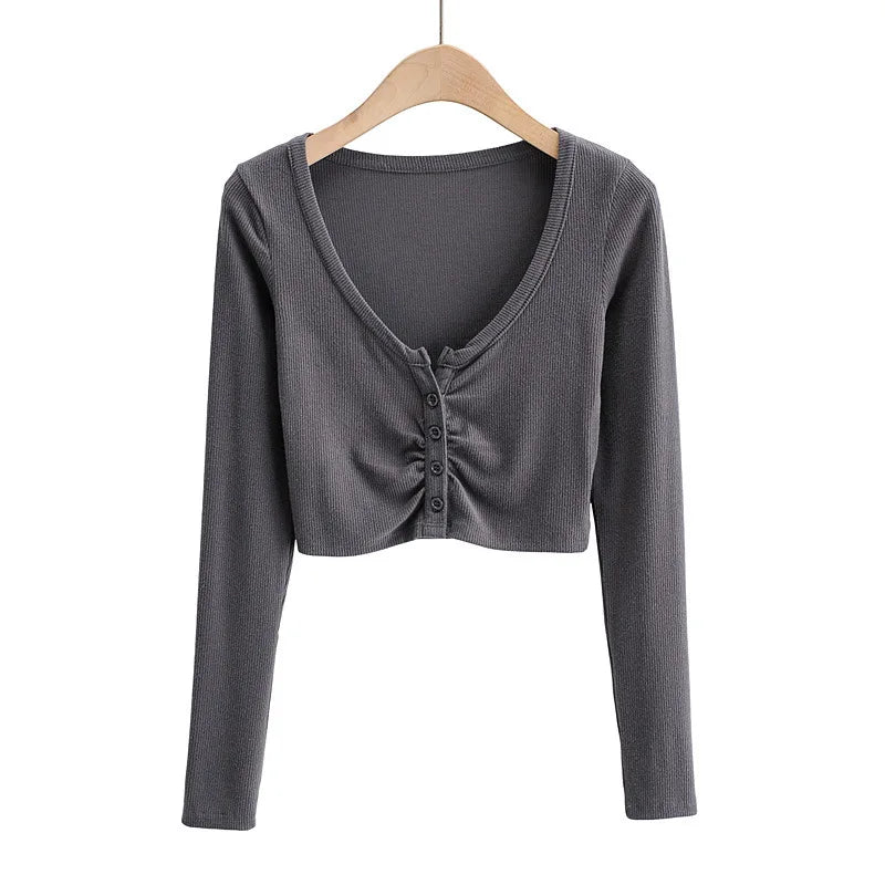 Summer Sexy Women Crop Tops Long Sleeve Tee Shirt Clubwear Buttons Solid T Shirt Women Black White Slim Tops