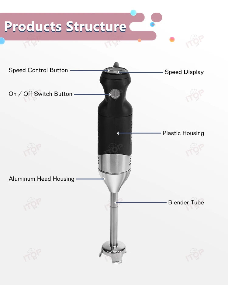 ITOP Handheld Blender 220W 250W Immersion Blender Stick Food Mixer Durable Commercial/ Household Use 8 Files Speed 4000-18000RPM