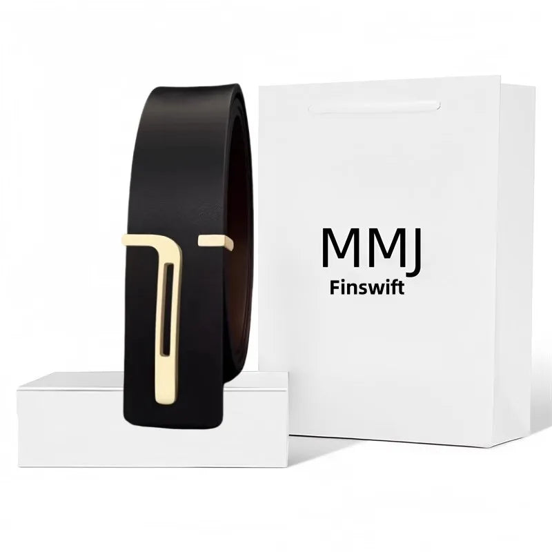 Genuine Leather Belt - Smooth Plate Buckle with Precise Holes Cowhide Adjustable Waist Strap for Business Suits Wide Minimalist