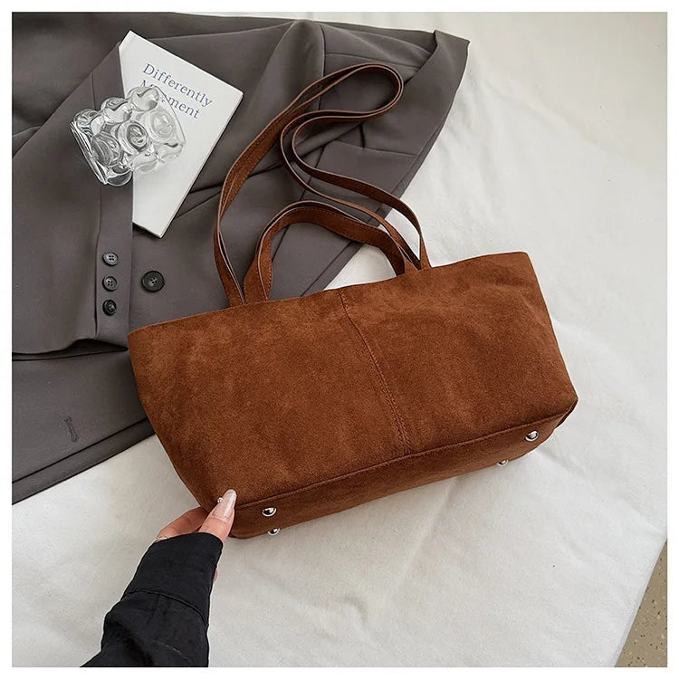 Large Capacity Tote Women Bag Retro Faux Suede Shoulder Bag Quitting Designer Bags for Women Handbag Commuting Shopper Purses