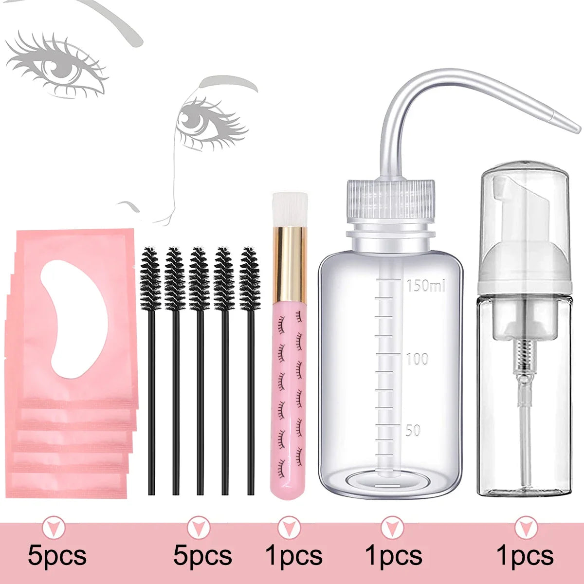 13Pcs Set Washing Kit 5 in 1 Lash  Bottle Eyebrow Mascara Wand Eye Pad PatchesShampoo Eyelash Brush Soap Foam Extension Cleaning