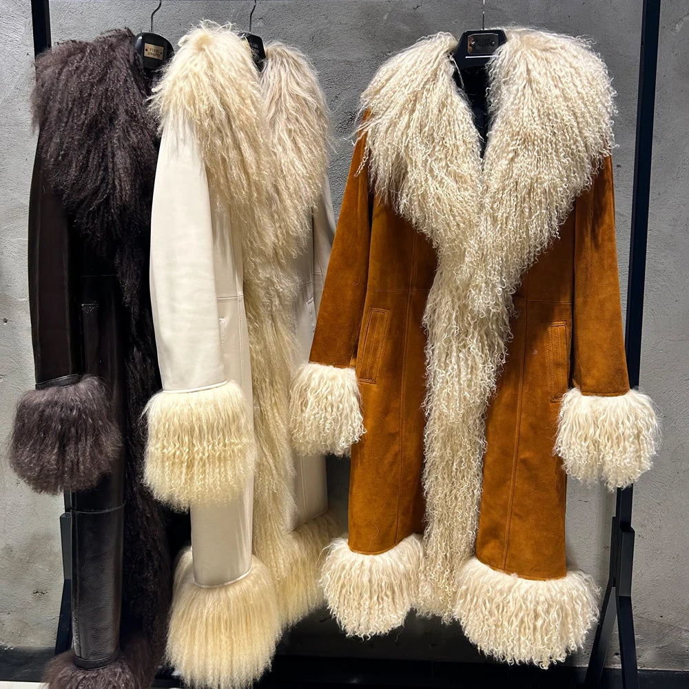 Winter Suede Long Fur Coat Mongolia Long Sheep Fur Collar New Arrival Camel Fur Jacket
