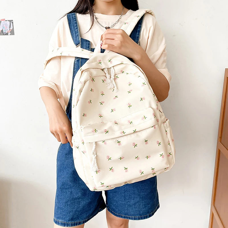 Student School Backpack Floral White School Bags For Teenage Girls Cute Women's Backpack Book Bag Nylon Rucksack