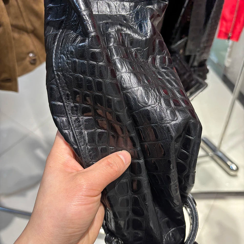 YOLOAgain Double Breasted Croc Pattern Leather Jacket Women 2023 Autumn New Genuine Leather Jacket Ladies