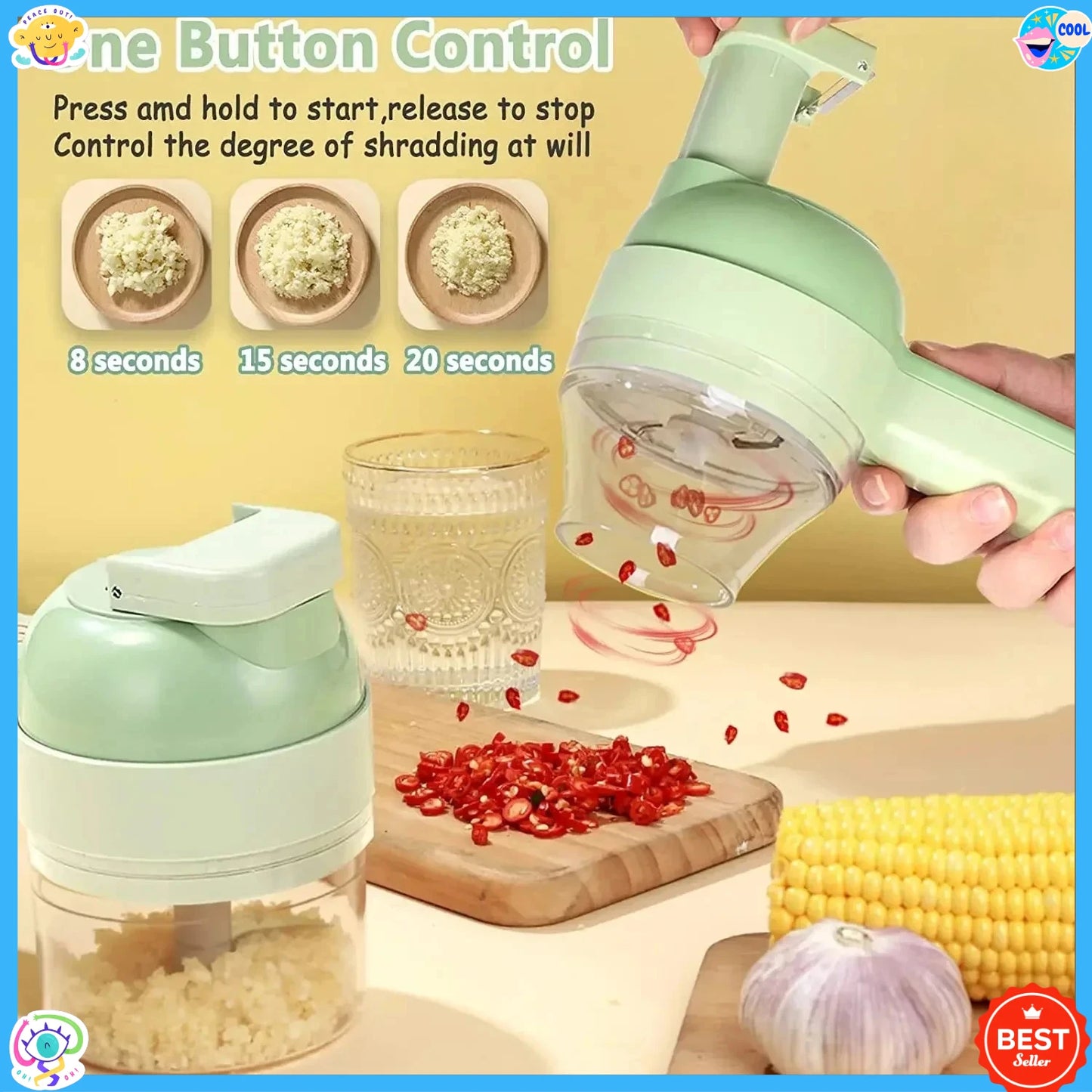 4in1 Wireless Electric Food Chopper Set Handheld Meat Grinder Garlic Masher Vegetable Cutter Rechargeable Stainless Steel Blades