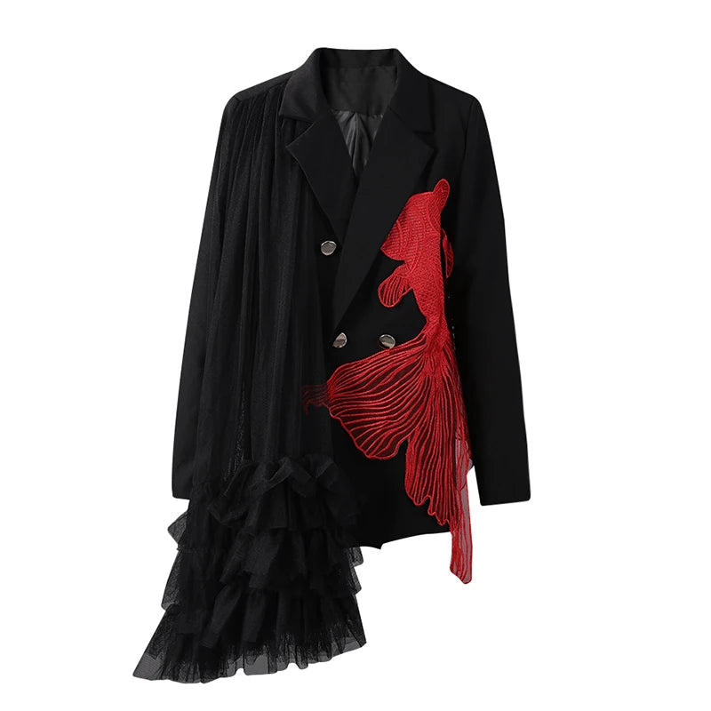 [EAM] Women Black Mesh Irregular Fish Spliced Big Size Blazer New Lapel Long Sleeve Jacket Fashion Spring Autumn 2026 CPG2902