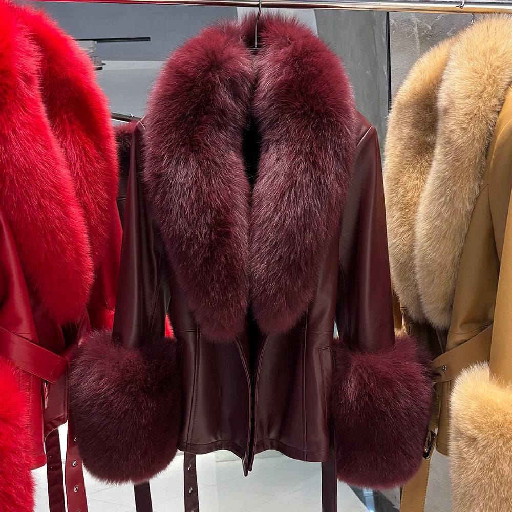 YOLOAgain Real Fox Fur Collar Genuine Leather Jacket Women