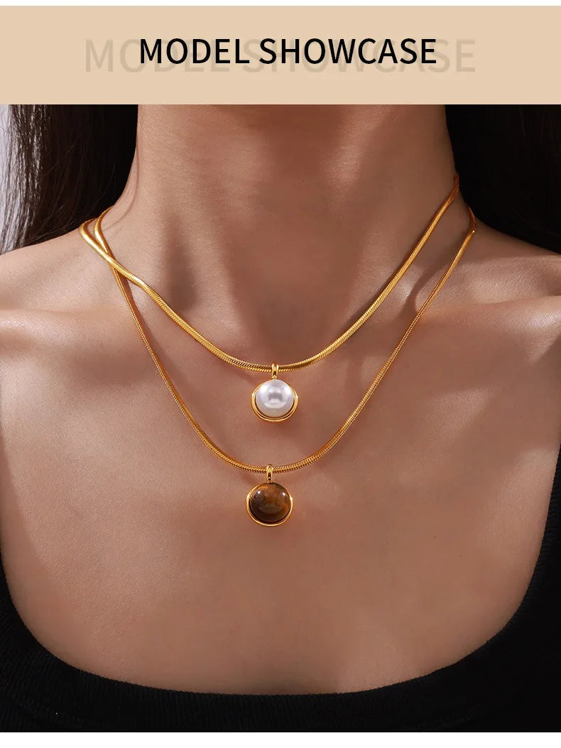 Women's Necklace with Retro Style Pearl Natural Stone Pendant Titanium Steel Lock Chain Fashionable Jewelry Accessories