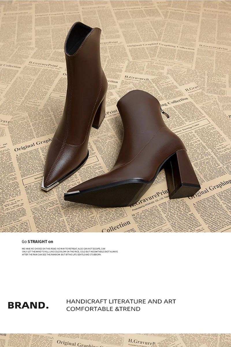 Pointed Toe Women's Ankle Boots Fashion Back Zippers Short Botas Ladies Elegant Square High Heel Winter Women's Footwear