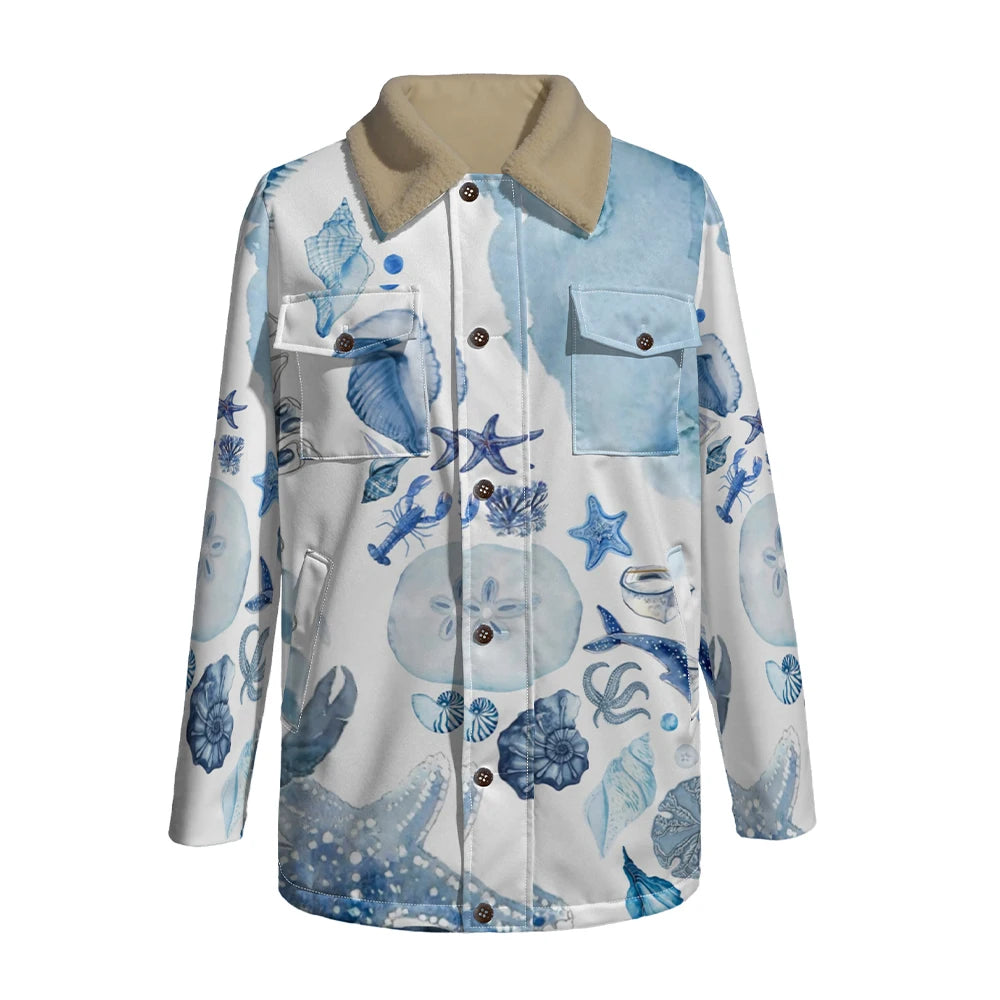 Winter Aesthetic Jacket Marine Life Print Long Coats Whale Turtle Jellyfish Pattern Faux Fur Collar Unisex Coastal Style