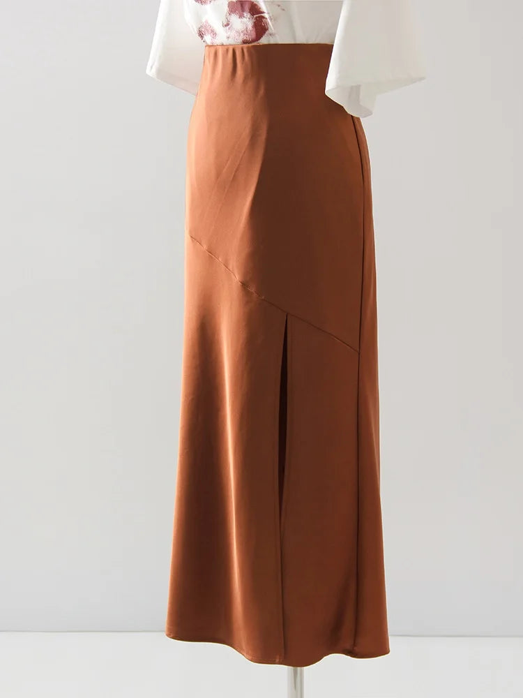 Summer Satin Skirts For Woman Office Maxi A Line Black Silk Skirts With Slit Lady High Waist Women Patchwork Skirt Long Elegant