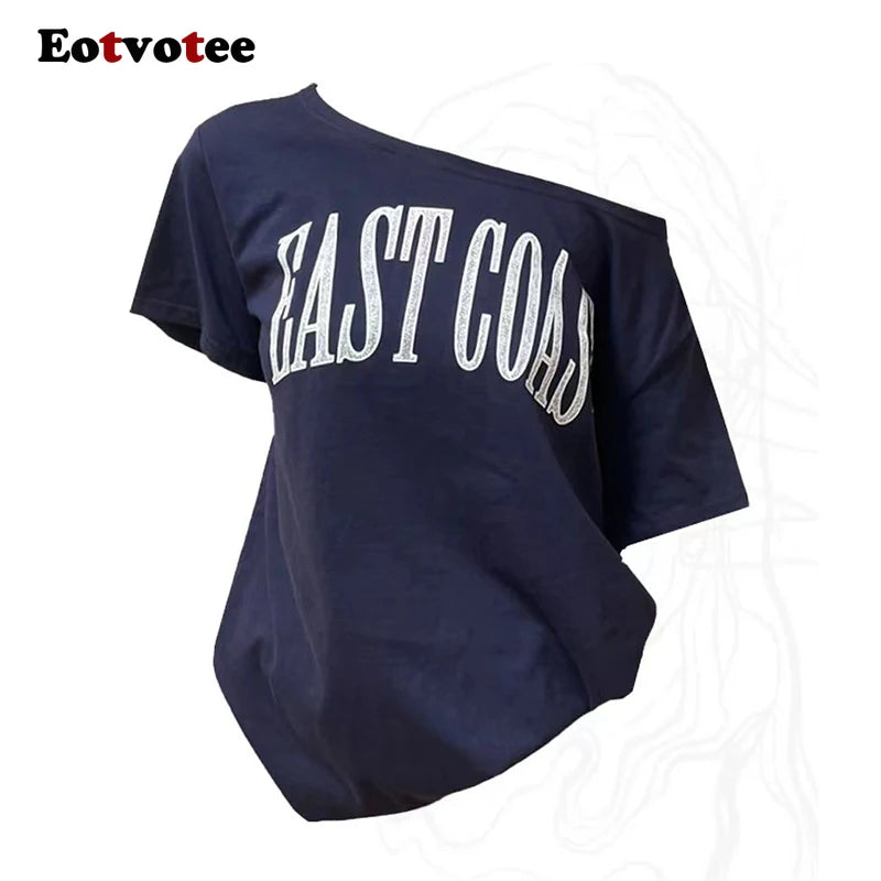 EOTVOTEE Sexy T-Shirts for Women Diagonal Collar Short Sleeve Casual Tops Spring 2025 New Fashion Female Letter Printed T-Shirts